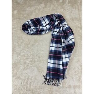 Vintage Gap Plaid Scarf Blue White Pink Fringe Cozy Winter Warm Women